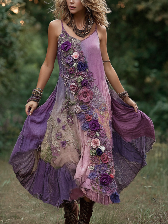 Vintage Classy Gradient Purple Lavender And Floral Embroidered Linen Suspender Long Dress artswardrobe