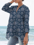 Women's Vintage Floral Art Print Casual Linen V-neck Shirt