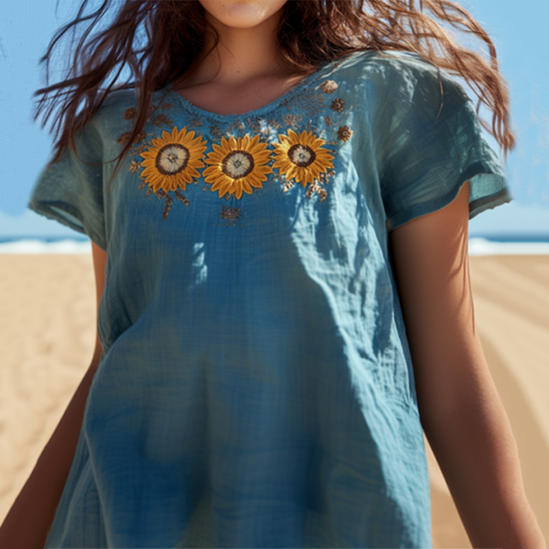 Comstylish Vintage Sunflower Embroidered Art Cotton Linen Comfy Shirt