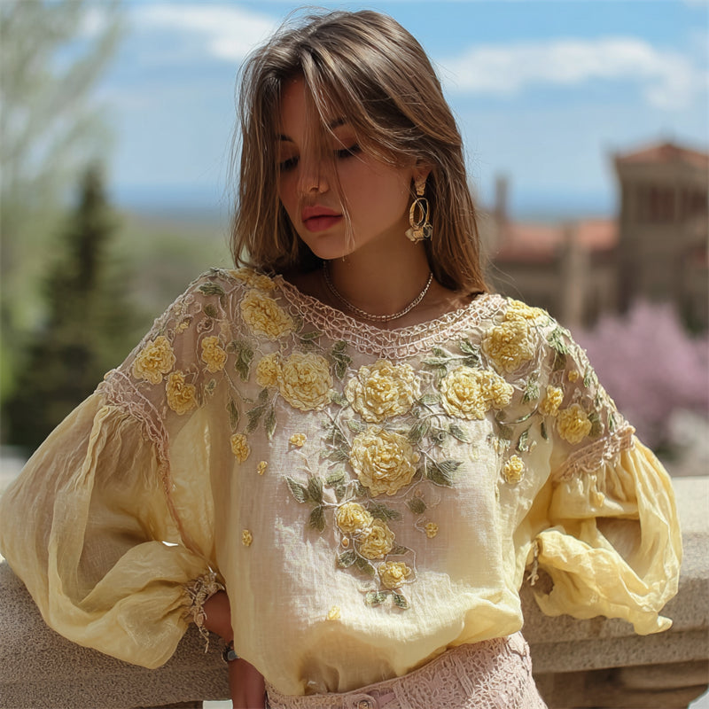 Comstylish Boho Cottagecore Yellow Floral Embroidered Flowy Linen Tunic