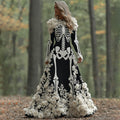 Comstylish Women's Vintage Halloween Skeleton Bones With Rose Art Cozy Knitted Warm Long Sleeve Maxi Dress