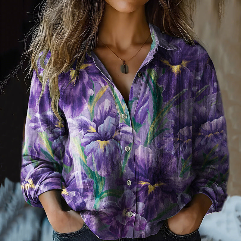 Comstylish Vintage Floral Linen Print Long Sleeve Shirt