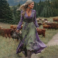 Vintage Purple Floral Patchwork Linen V Neck Maxi Dress artswardrobe