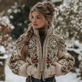 Comstylish Women's Vintage Ethnic Floral And Viking Vegvisir Art Zipper Cardigan