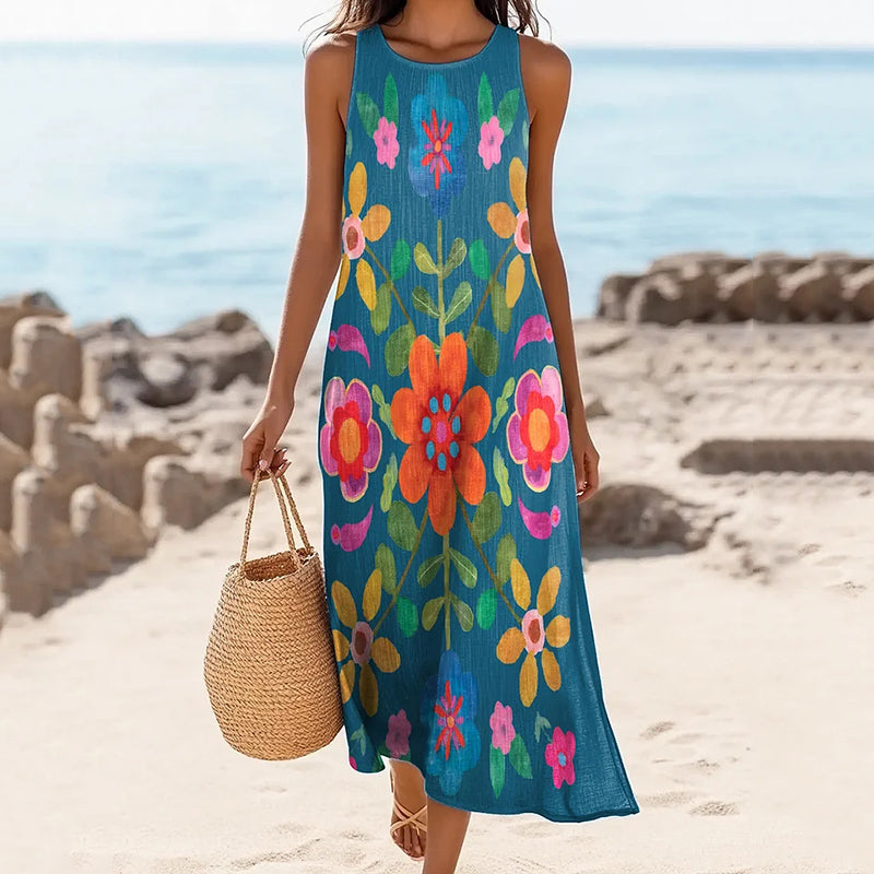 Women's Vintage Bohemian Floral Art Linen Tank Dress artswardrobe
