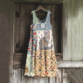 Comstylish Vintage Patchwork Cute Cat And Floral Art Linen Tank Dress