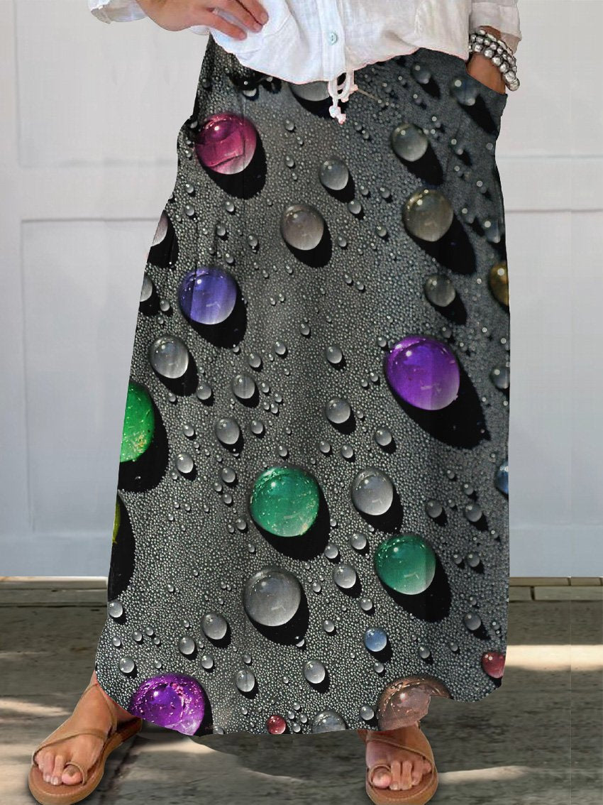 Rainbow Color Water Droplet Art Printed Women's Linen Pocket Skirt
