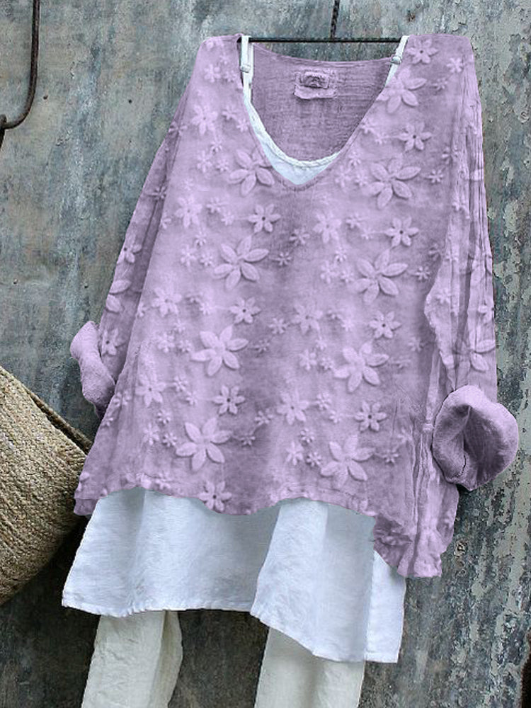Comstylish Floral Lace Embroidered Linen Blend Tunic
