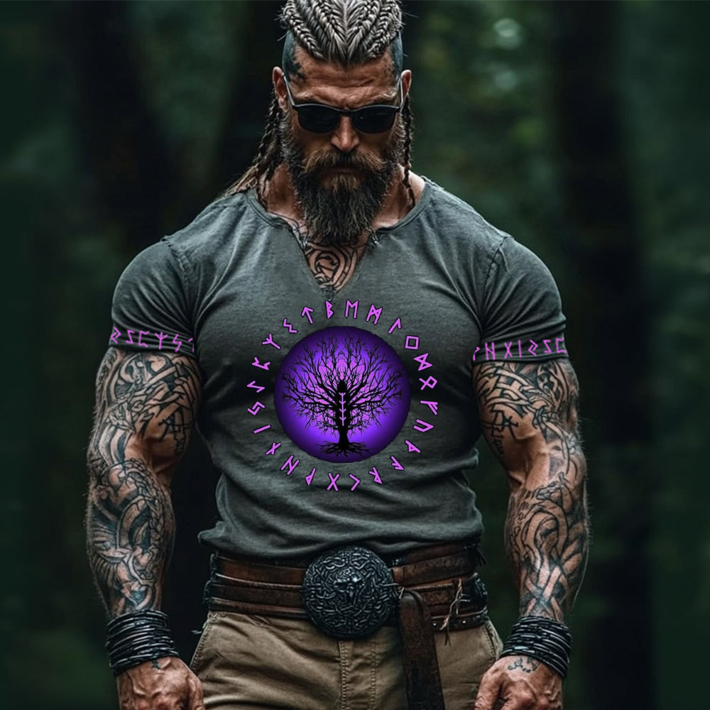 Vintage Viking Tree Of Life Rune Linen V-neck Shirt artswardrobe