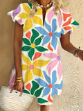 Flower Ruffled Short-sleeved V-neck Buttoned Dress Vacation Beach Dress