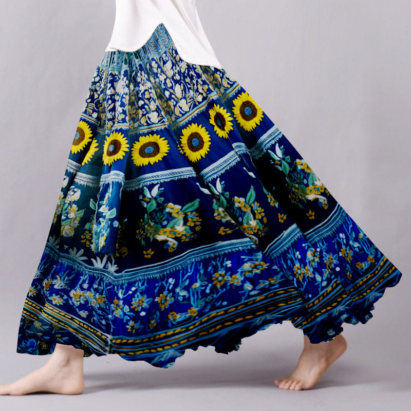 Vintage Sunflower With Ethnic Embroidered Pattern Flowy Wide Skirt artswardrobe