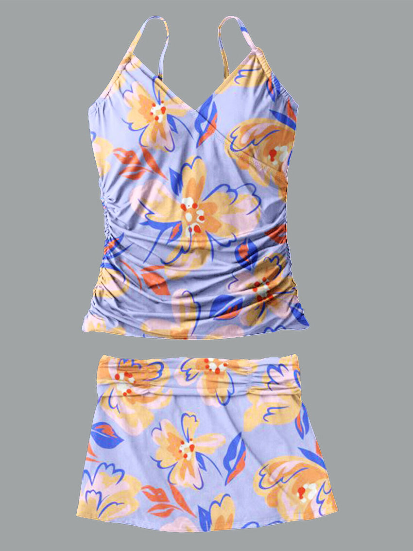 V-Neck Vintage Color Floral Print Suspender Skirt Tankini Pantskirt Set Swimsuit