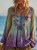 Vintage Purple Flowers Embroidered Gradient Linen Tunic artswardrobe