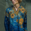Men's Oil Painting Sunflower And Starry Night Embroidery Linen V-neck Loose T-shirt artswardrobe