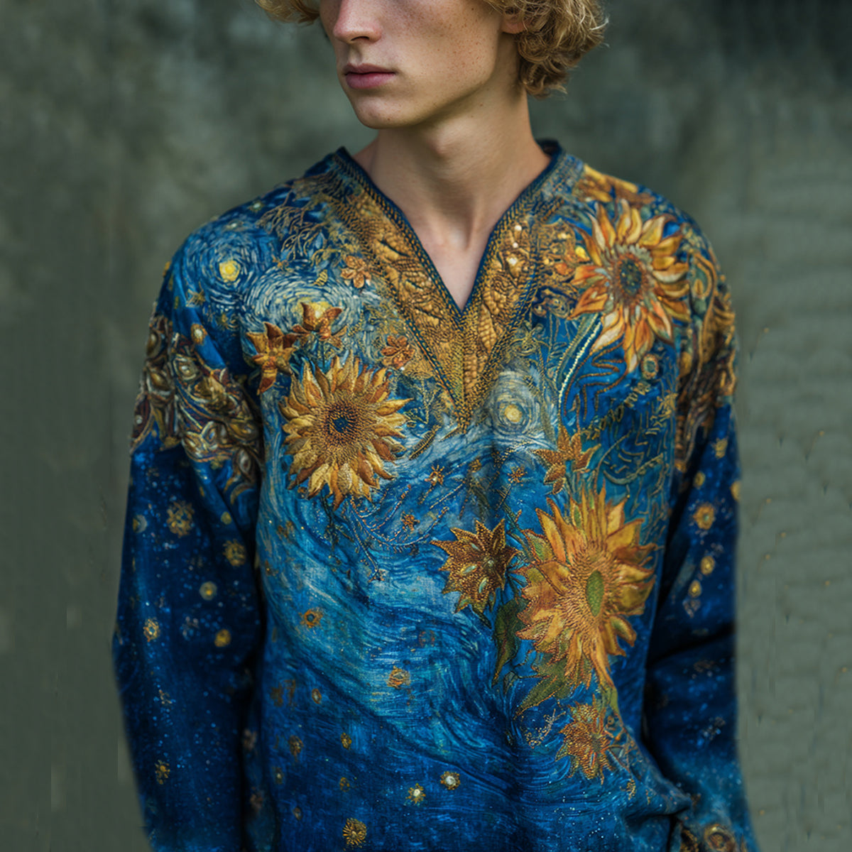 Men's Oil Painting Sunflower And Starry Night Embroidery Linen V-neck Loose T-shirt