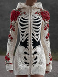 Comstylish Halloween Skeleton & Floral Women's Hooded Zip-up Cardigan