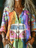 Women's Hippie Peace Love Car Art Pattern Print Casual Cotton Linen Sh