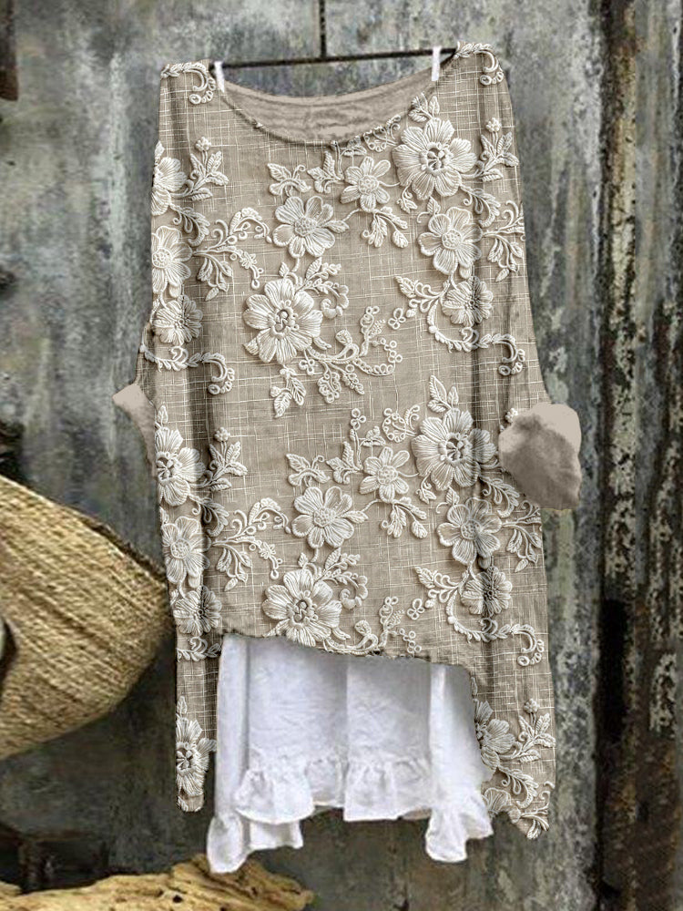 Comstylish Vintage Floral Lace Embroidered Linen Blend Flowy Tunic