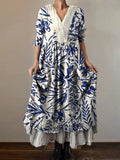 Women's Vintage Floral Art Print V-Neck Button Pocket Cotton Dress