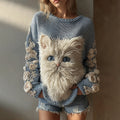 Women's Cute Cat With Floral Art Knitted Warm Sweater elevenforest