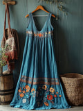 Vintage Boho Floral Embroidered Turquoise Linen Tank Dress artswardrobe