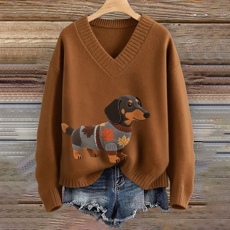 Vintage Dachshund Felt In Gradient Art Inspired Embroidered Cozy Knit Sweater elevenforest