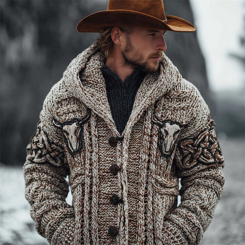 Men's Vintage Bull Skulls Chunky Cozy Knit Hooded Cardigan artswardrobe