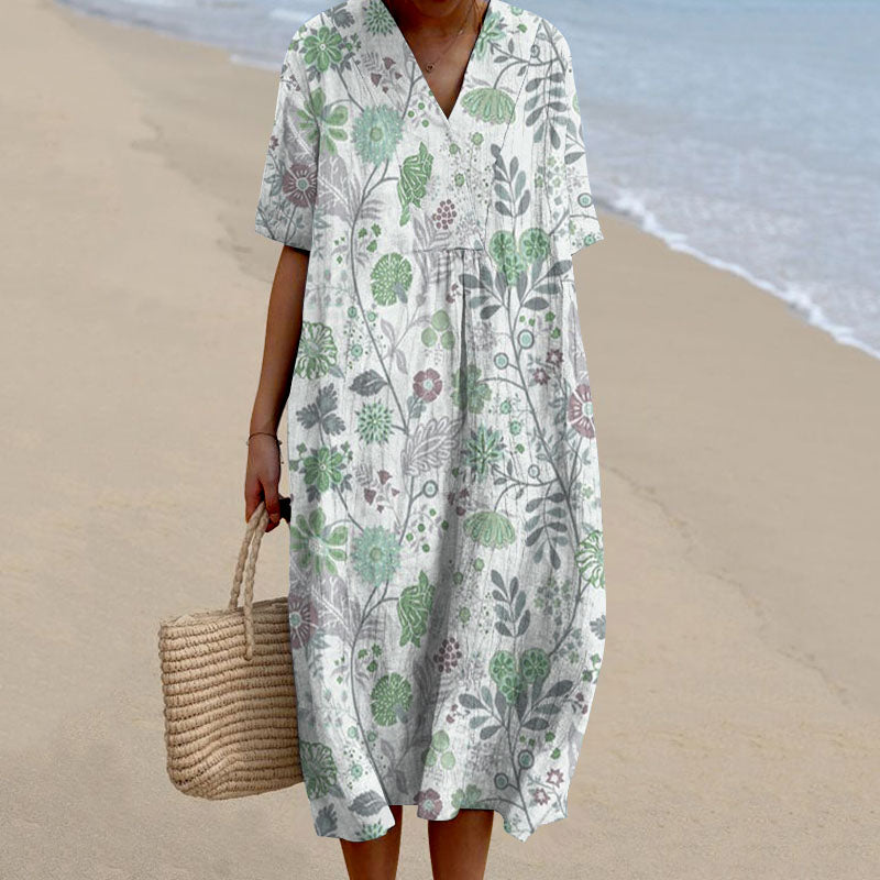 Comstylish Women's Pastoral Floral Art Print Casual Cotton Linen Dress