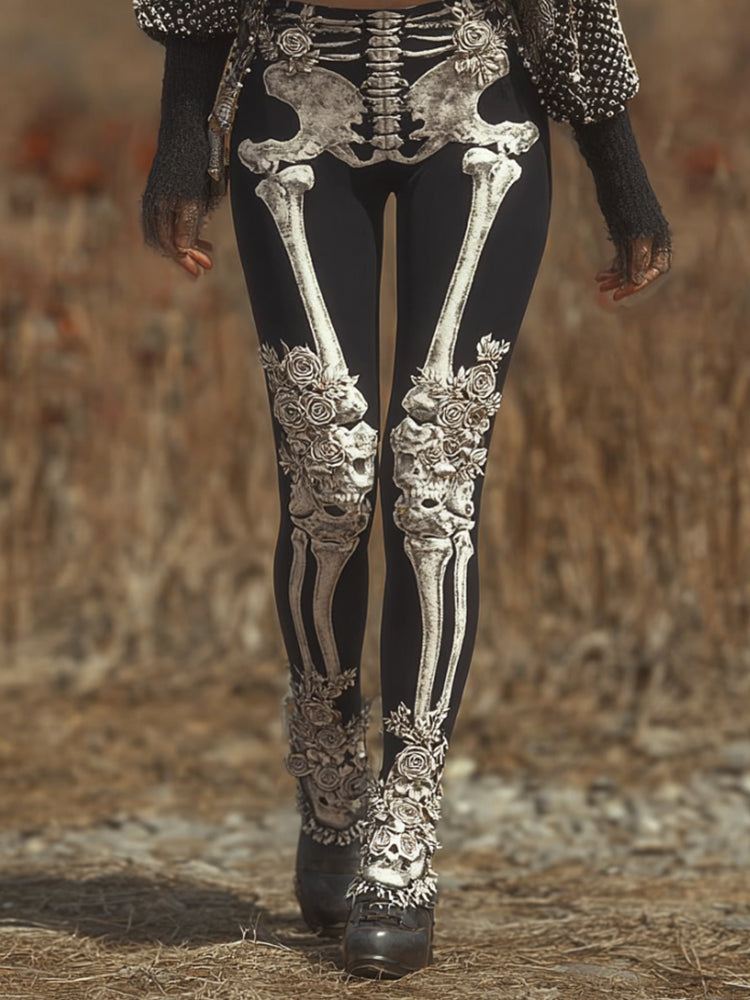 Comstylish Women's Halloween Skeleton Bones And 3d Rose Leggings