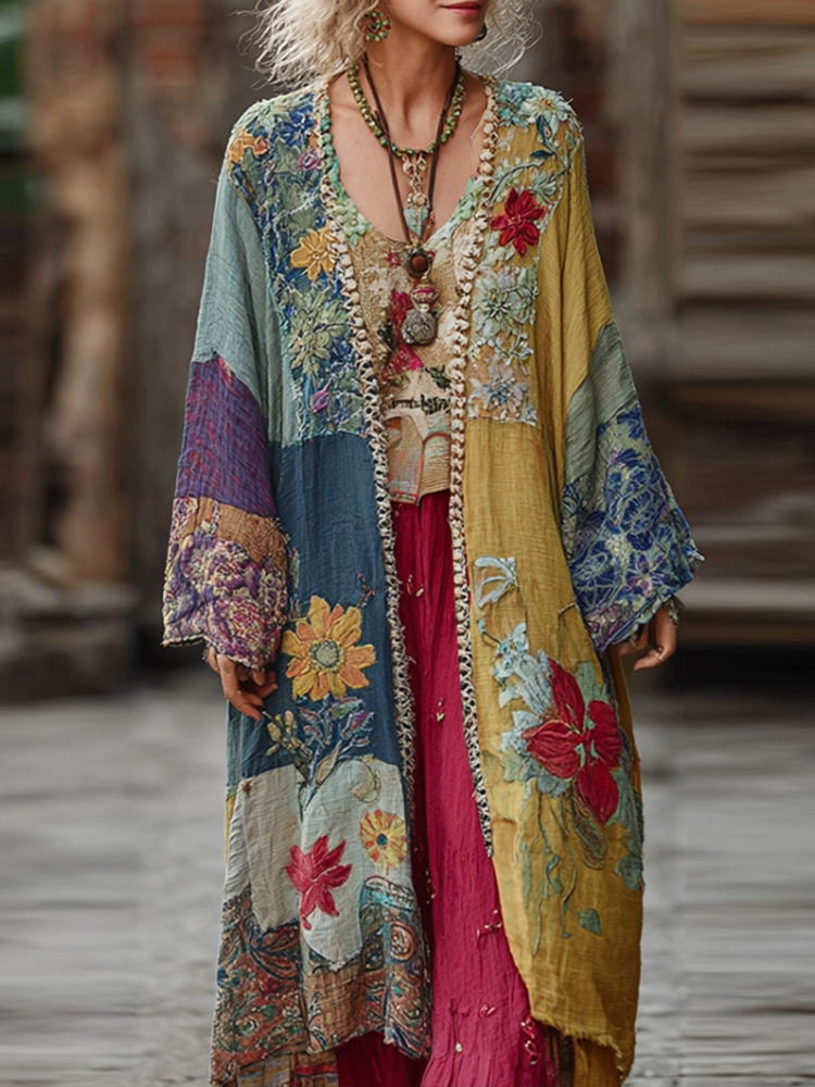 Comstylish Bohemian Style Plant And Flower Embroidery Printed Women's Cotton And Linen Long Cardigan