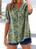 Women's Vintage Ethnic Floral Art Printed Casual Short Sleeve Cotton a