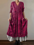 Women's Ethnic Floral Art Pattern Print V-Neck Pocket Cotton Dress