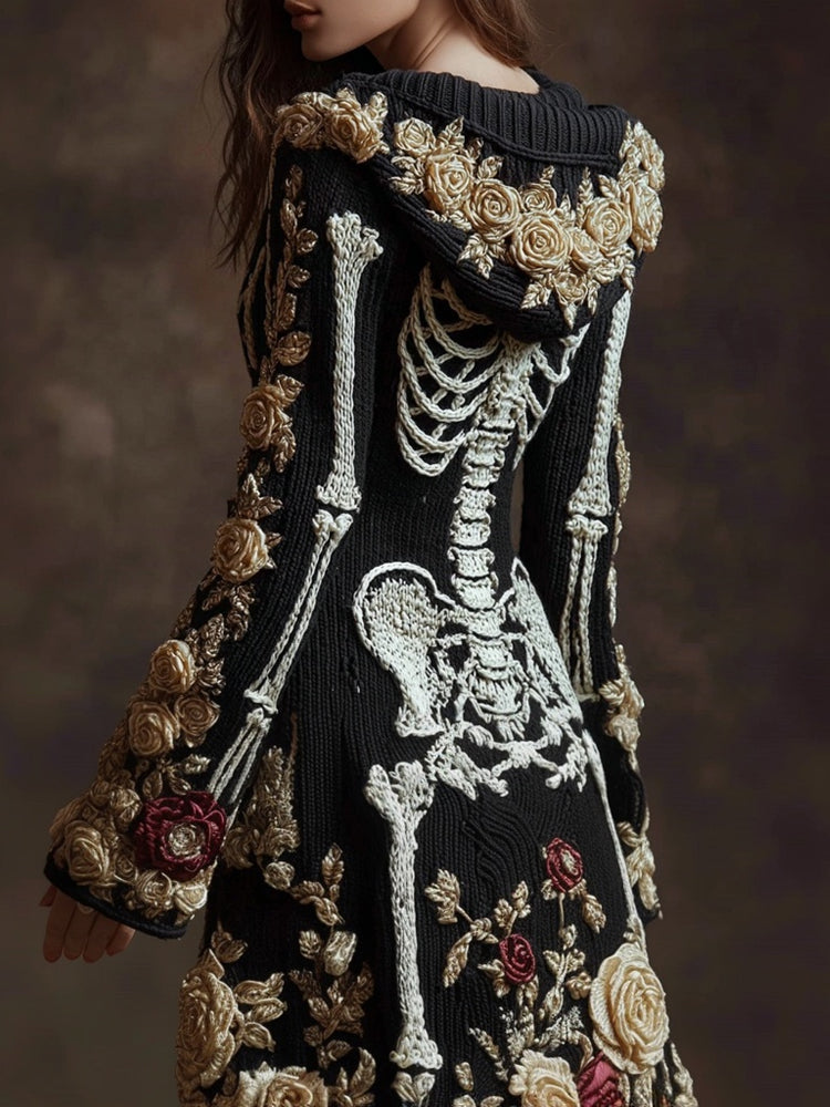 Comstylish Classy Skeleton Roses Embroidered Hooded Sweater Cardigan