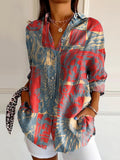 Women's Bohemian Ethnic Collage Art Pattern Print Casual Cotton Shirt