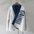 Comstylish Japanese Fish Lino Art Cozy Fleece Kimono Cardigan