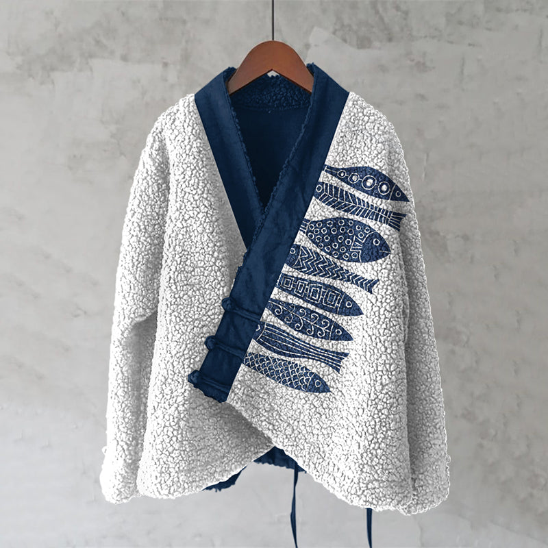 Comstylish Japanese Fish Lino Art Cozy Fleece Kimono Cardigan