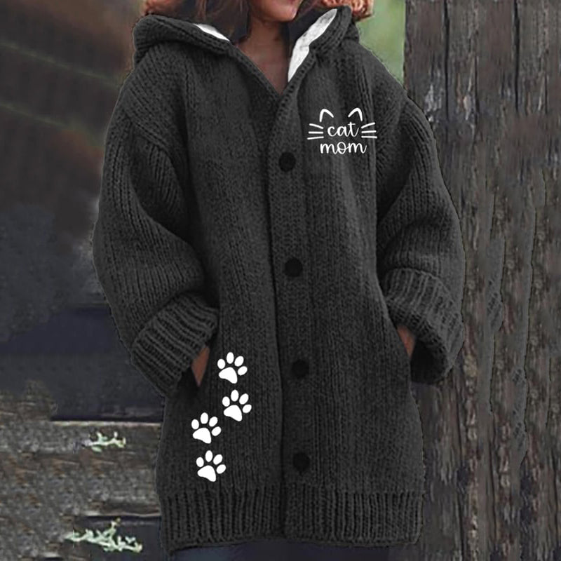 Comstylish Cat Print Long Sleeved Knitted Hooded Cardigan