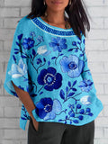 Greek Key & Floral Embroidered Linen Blend Cozy Shirt artswardrobe