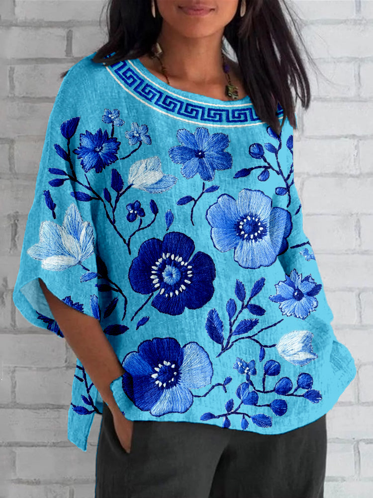 Greek Key & Floral Embroidered Linen Blend Cozy Shirt artswardrobe
