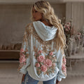 Comstylish Women's Vintage Pink Flower Embroidery Art Long Sleeve Hoodie