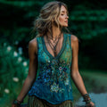 Vintage Classy Gradient Blue Rose And Floral Embroidered Pattern Linen V Neck Tank Top artswardrobe
