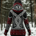 Women's Viking Style Knitted Jacquard Hooded Cardigan Sweater artswardrobe