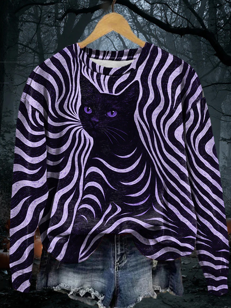 Women's Halloween Black Cat Stripes Print Casual Sweatshirt elevenforest