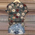 Women's Vintage Floral Art Print V-neck Casual T-Shirt