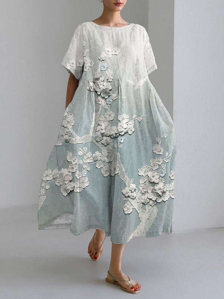 Comstylish Japanese Embossed Floral Linen Blend Maxi Dress