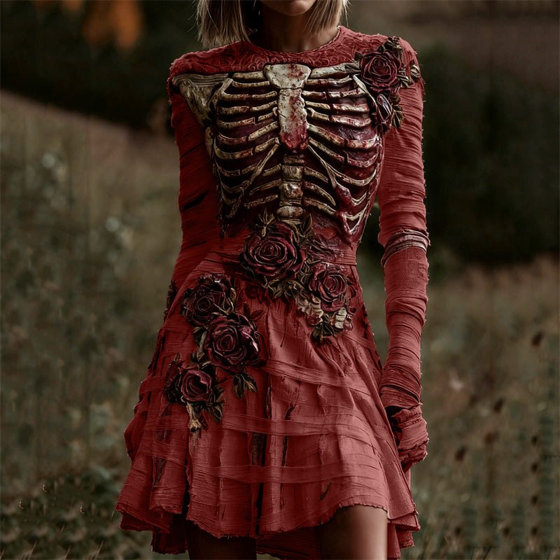 Comstylish Halloween Bloody Rib Cage Red Roses Bandages Comfy Mini Dress