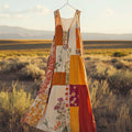 Boho Vintage Patchwork V Neck Flowy Linen Dress artswardrobe