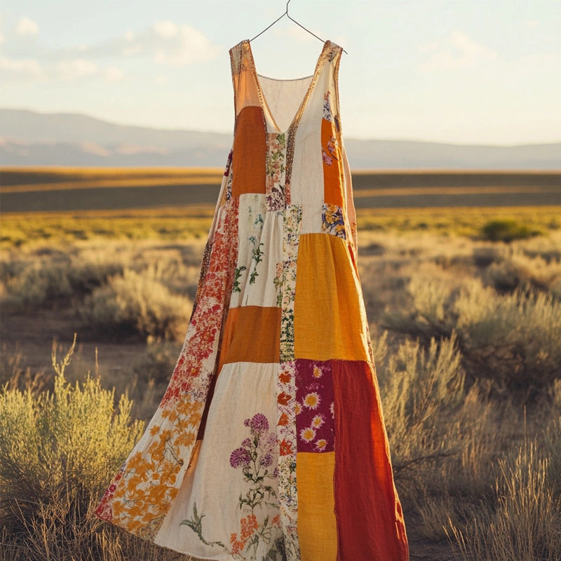 Boho Vintage Patchwork V Neck Flowy Linen Dress artswardrobe