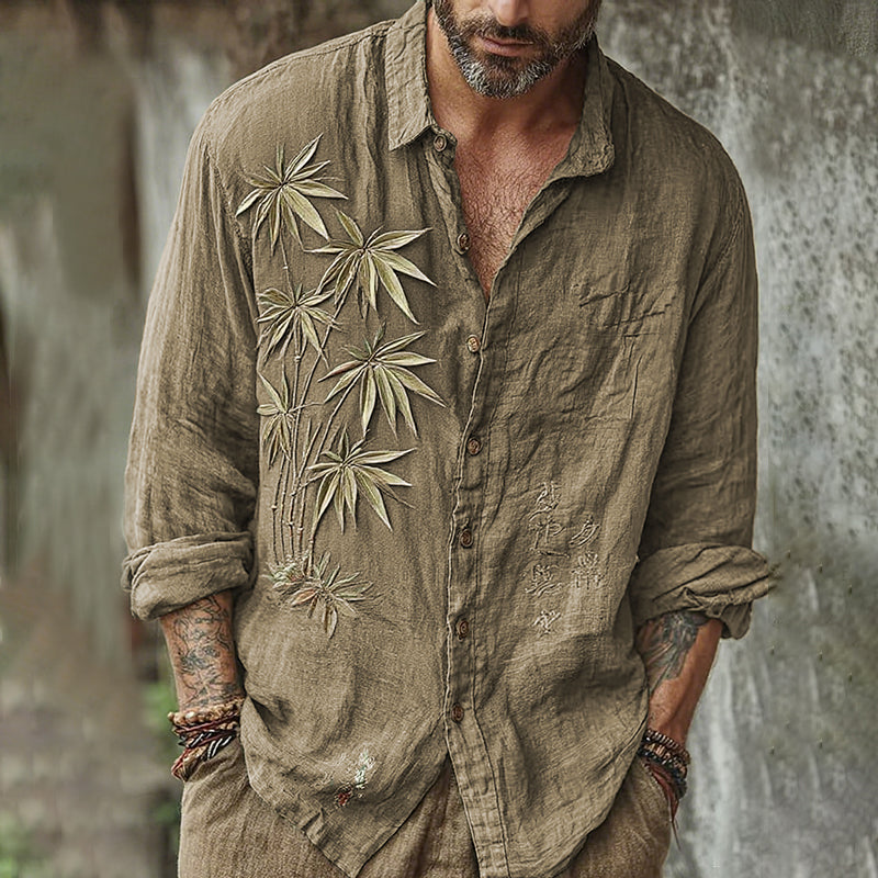 Men's Vintage Japanese Bamboo Embroidery Art Long Sleeve Linen Blend Shirt artswardrobe