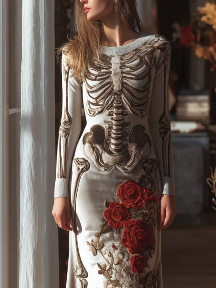 Comstylish Women's Halloween Silver Skull Red Rose Dress